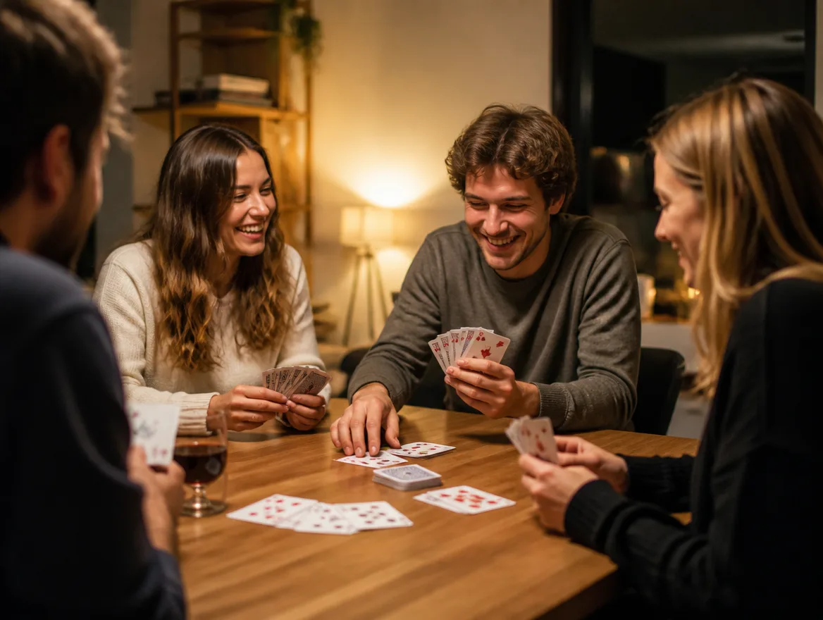 Friends on game night using a personalized deck of playing cards