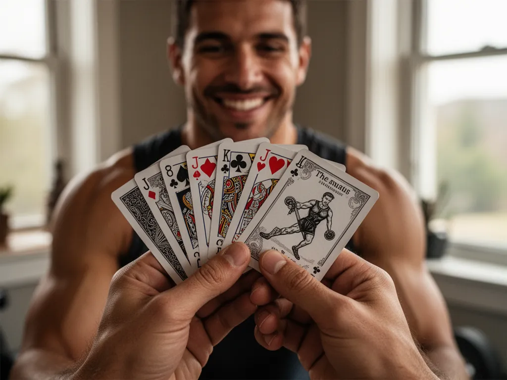 [Athlete's hands displaying custom card deck with blurred athlete celebrating in background]