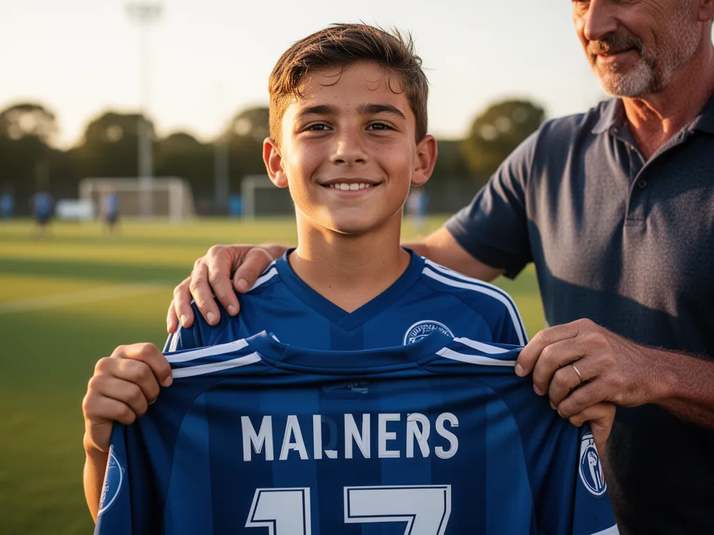 Young athlete displaying personalized soccer jersey with proud parent nearby outdoors.