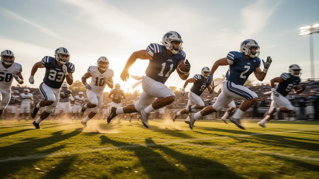 Football players sprinting across a bright outdoor field during intense game action