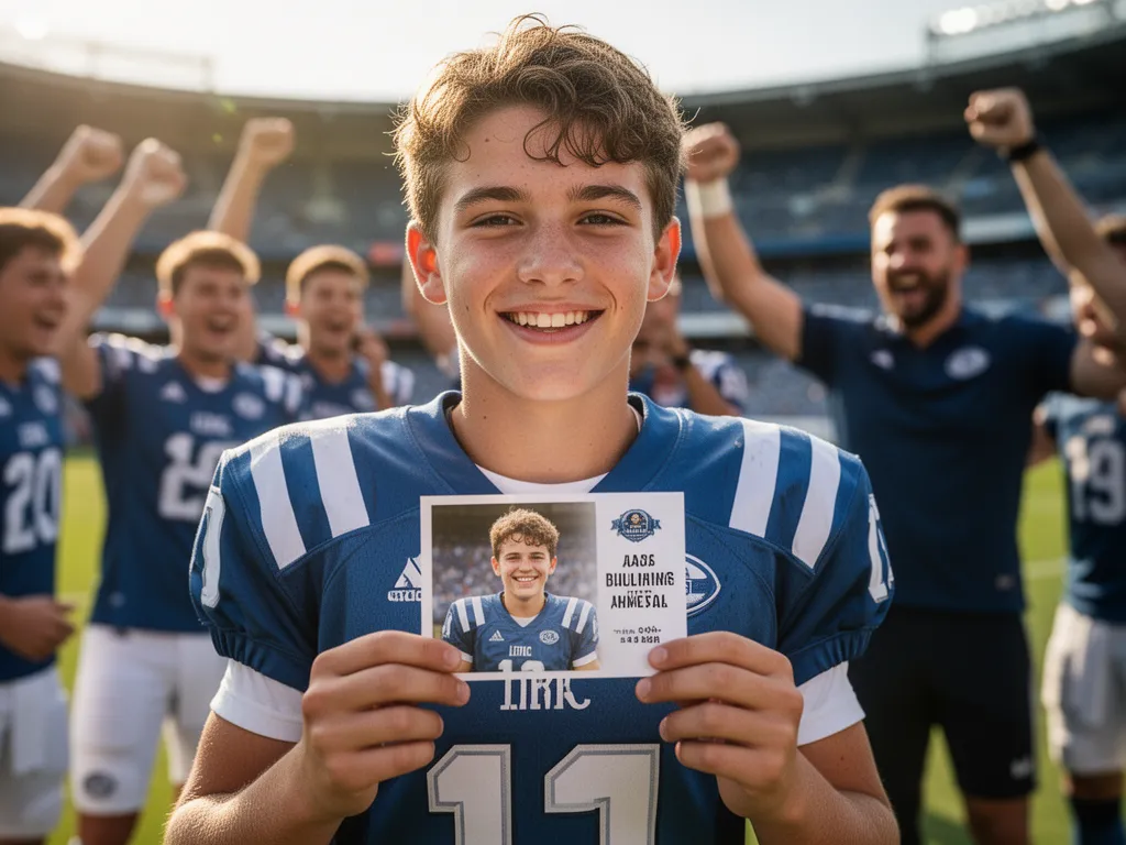 Young athlete smiling while holding their personalized football card with teammates celebrating behind them