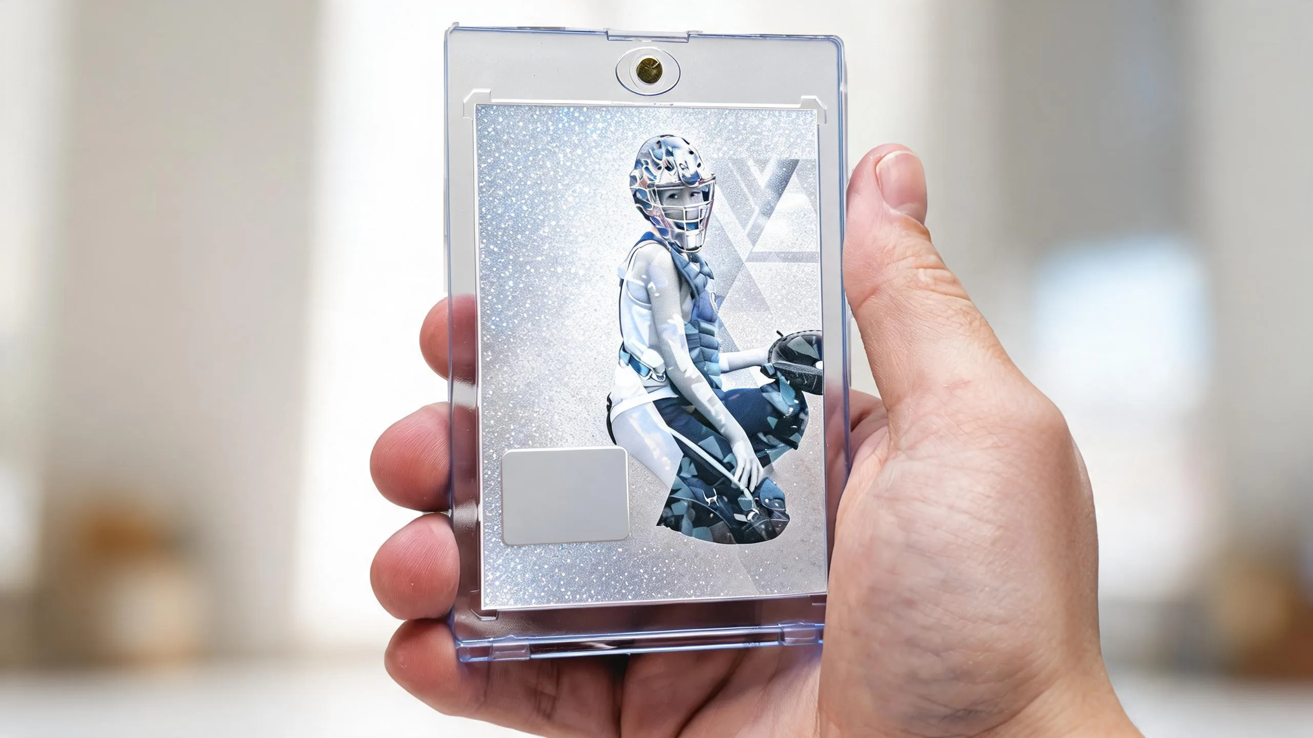 Hand holding personalized game cards in a magnetic case, icy blue refractor design.