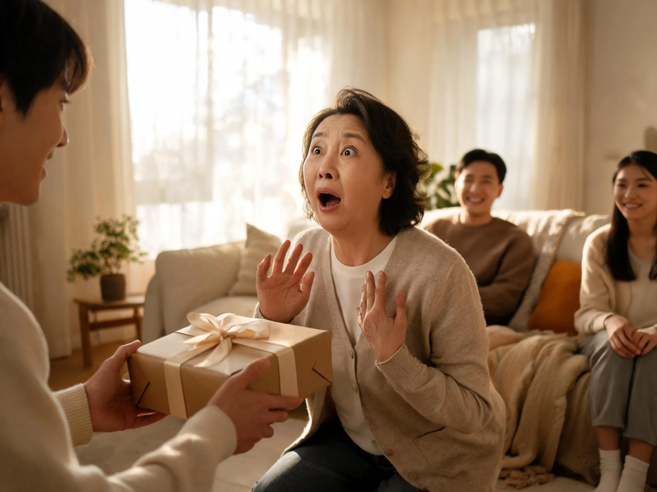 Person reacting with genuine surprise while being handed an unexpected gift indoors.