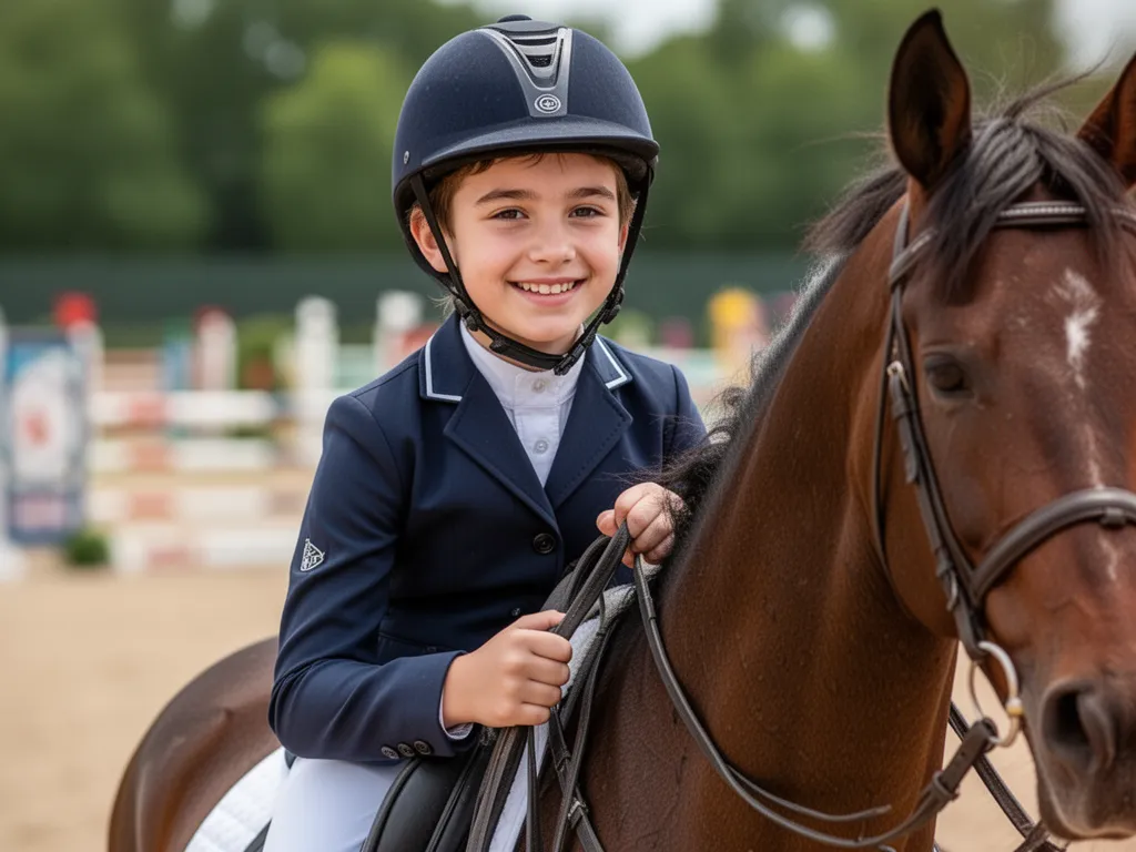 Young equestrian competitor smiling confidently after successful jump during competition