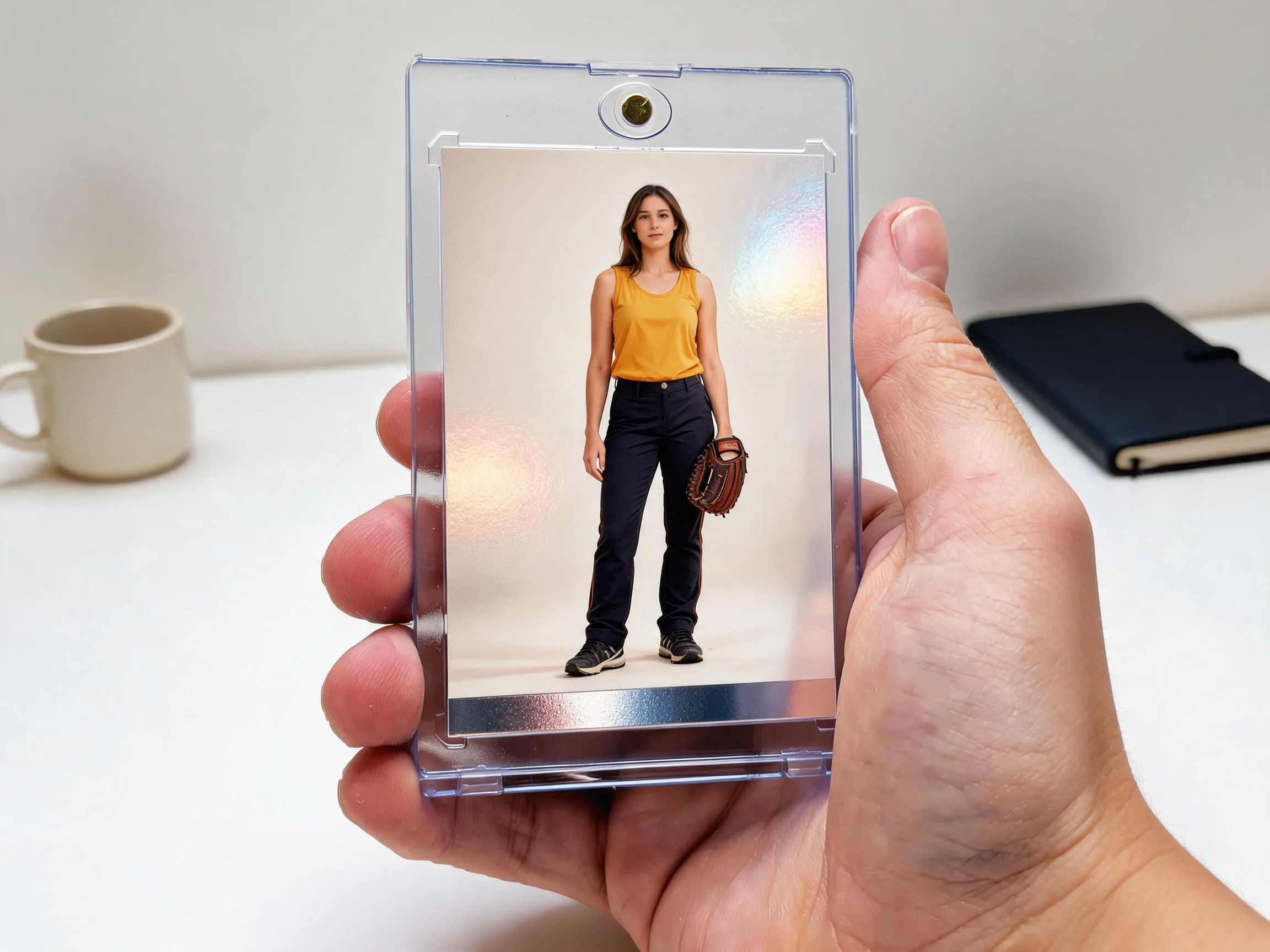 Custom keepsake trading card in a magnetic case, full-bleed amber action photo design.