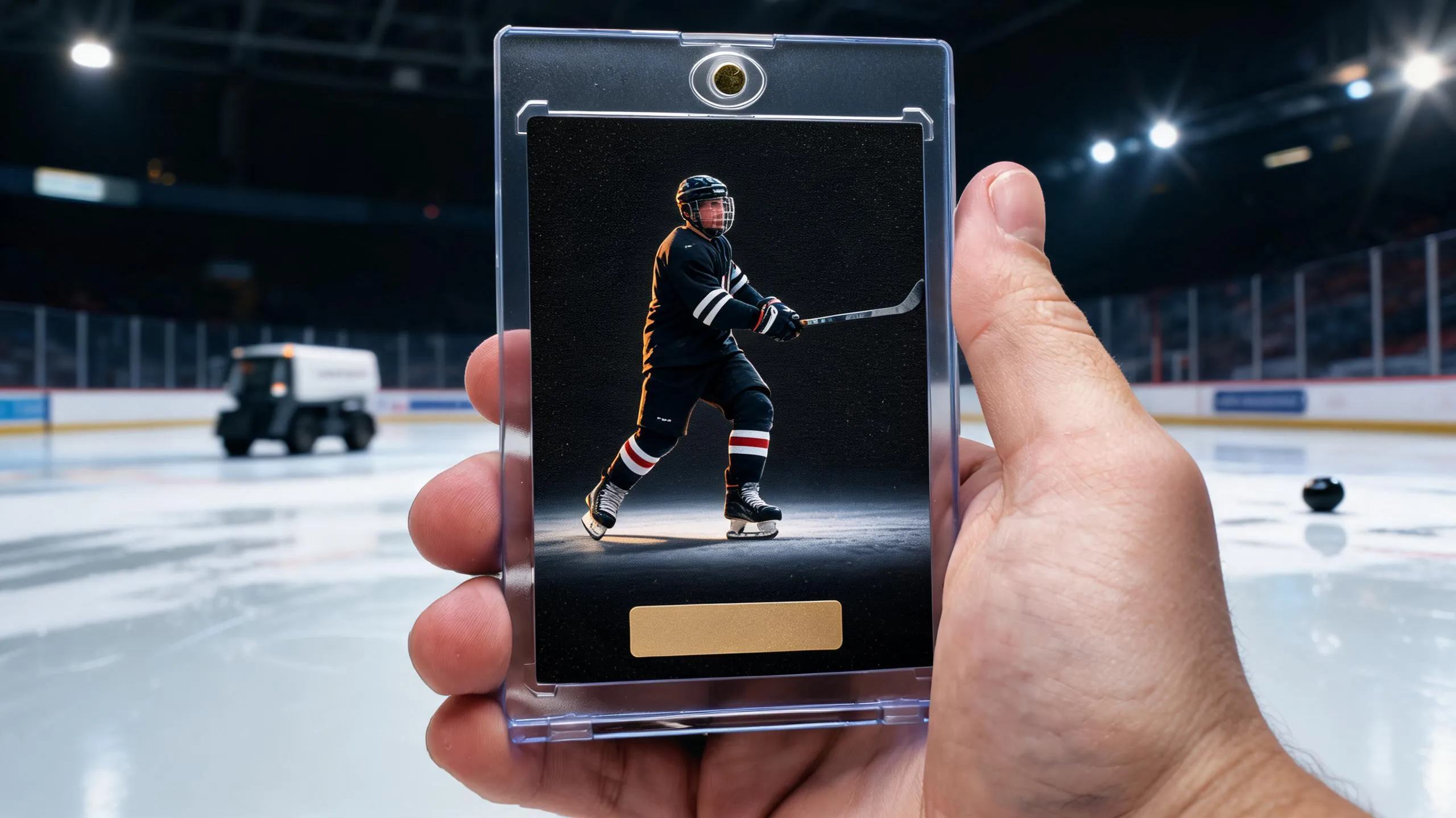 Hand holding personalized hockey cards in a magnetic acrylic case, player mid-slap-shot on rink background