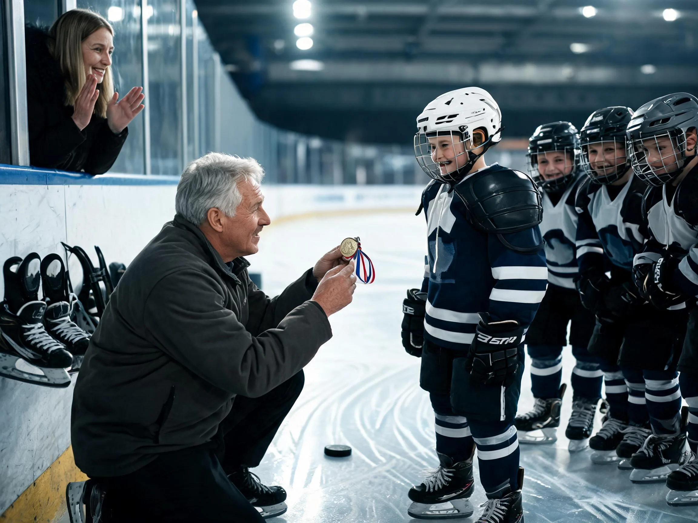 Coach and young hockey player share a proud emotional moment on the ice rink