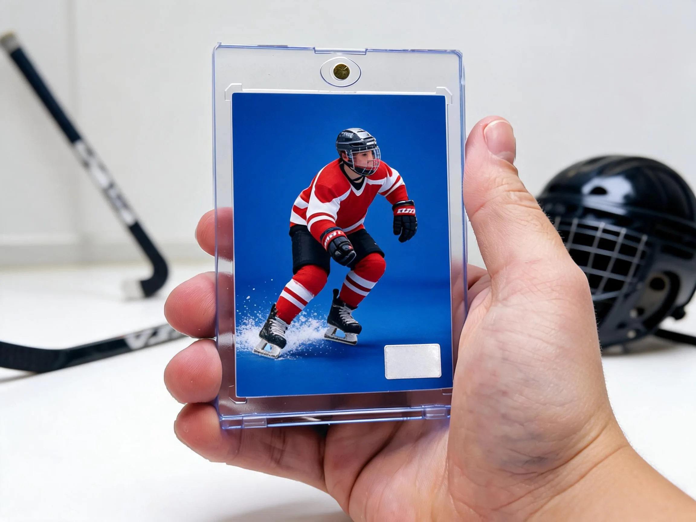 Custom hockey trading card in a clear magnetic case, blue editorial design, player skating