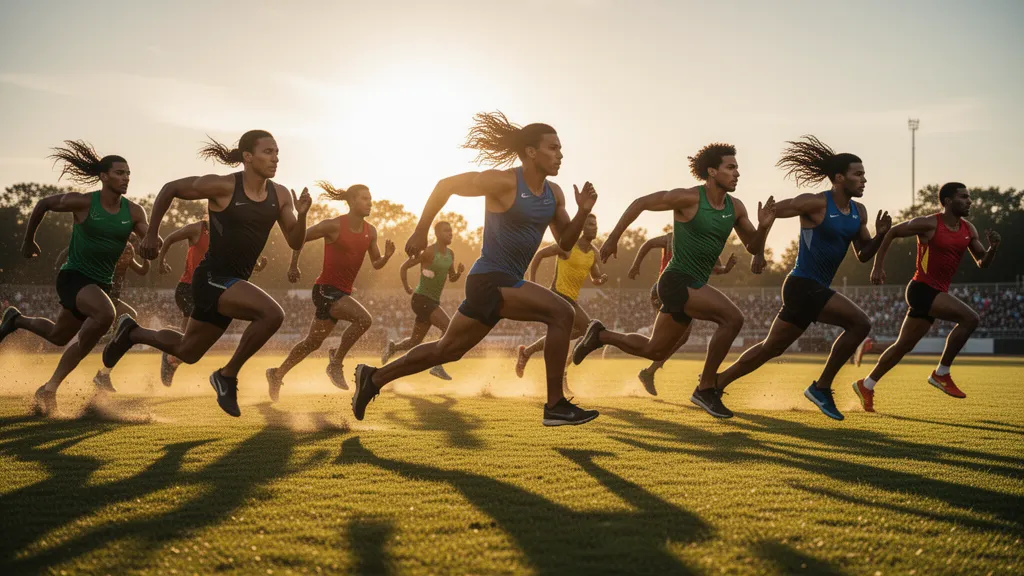 Multiple athletes sprinting outdoors in golden sunlight with dynamic motion and energy