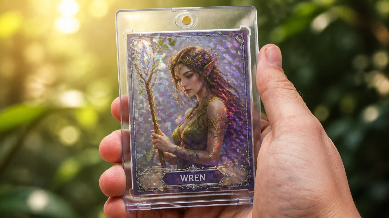 Personalized magic card held inside a one-touch magnetic acrylic display case
