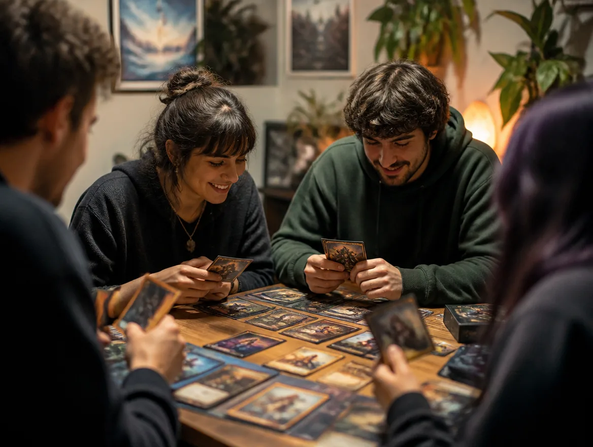 Friends playing a fantasy trading card game around a table