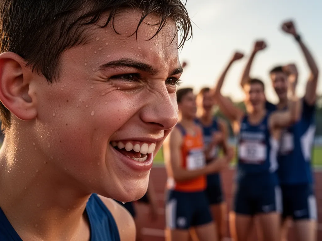 Young athlete's concentrated face during competition with celebrating teammates blurred behind