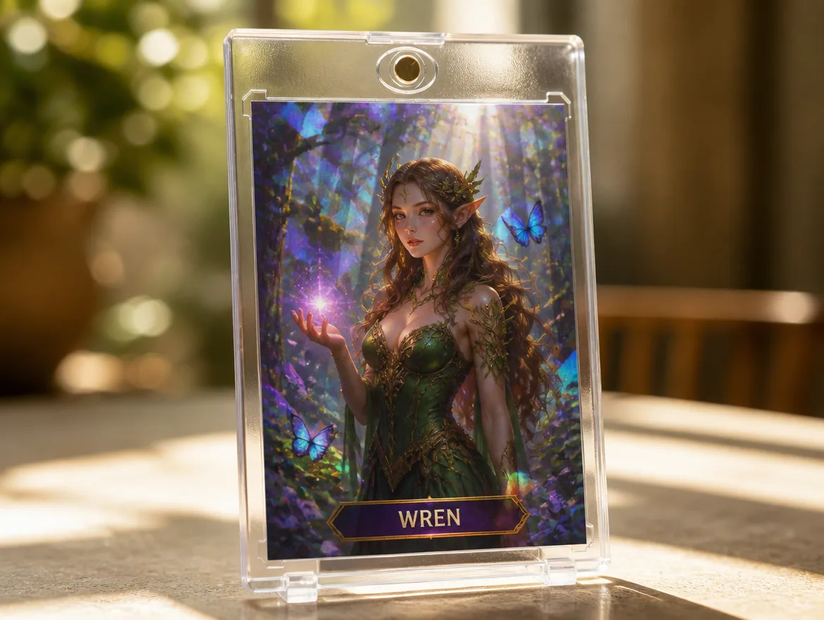 Custom fantasy trading card standing in a clear magnetic display case