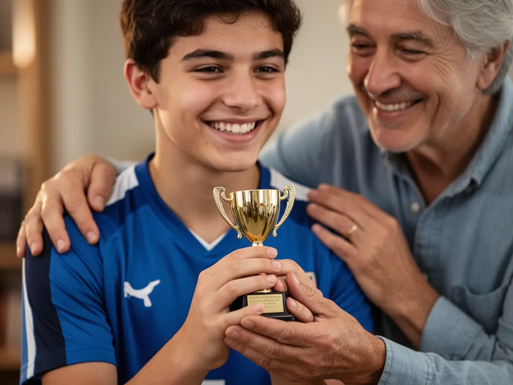 Child athlete proudly holding miniature trophy with parent supportively beside them, celebrating achievement