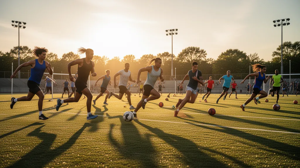Multiple athletes in various sports competing outdoors with natural golden sunlight and dynamic motion blur