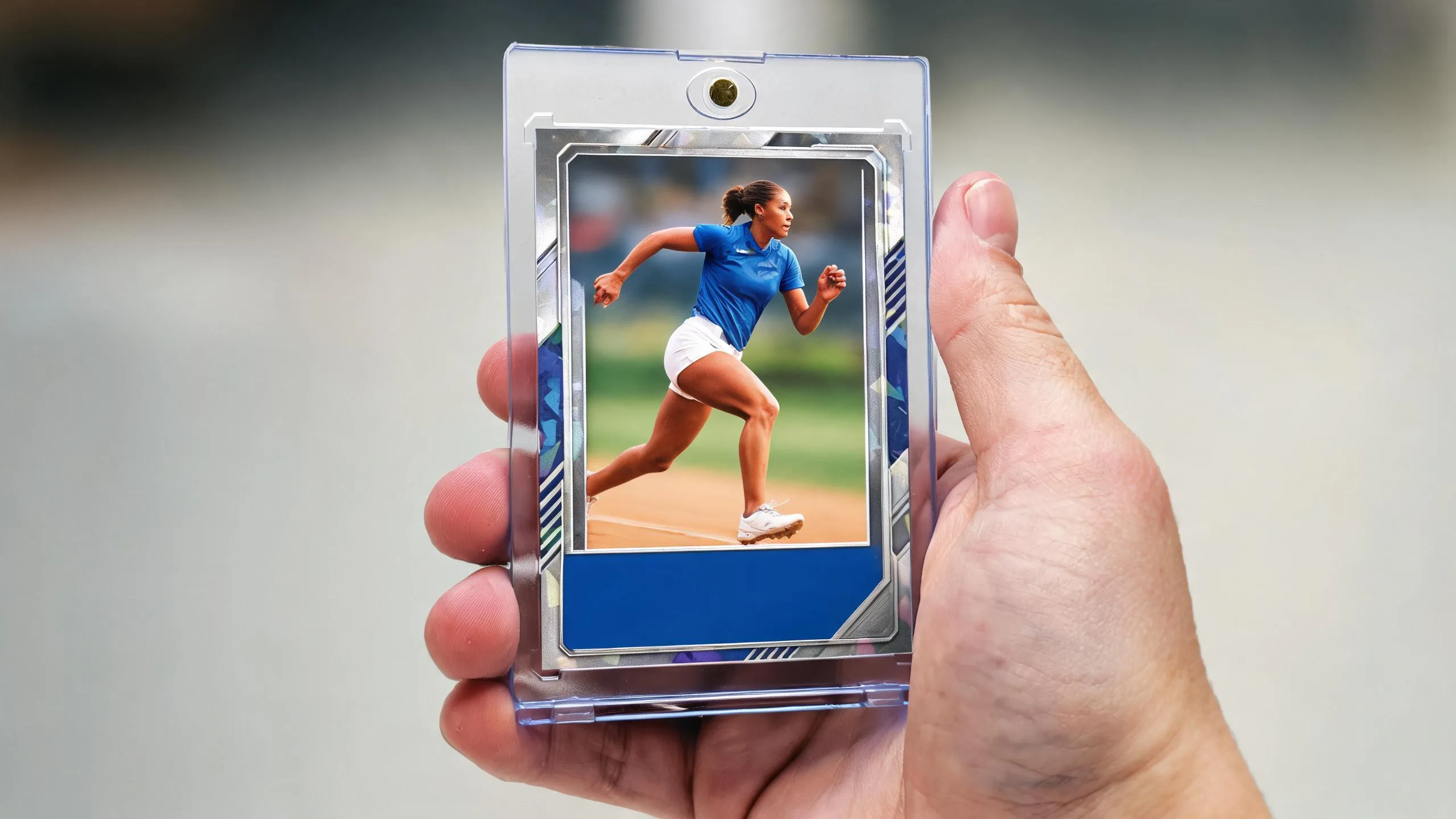 Hand holding personalized photo playing cards in a magnetic case with an athlete action-photo design.