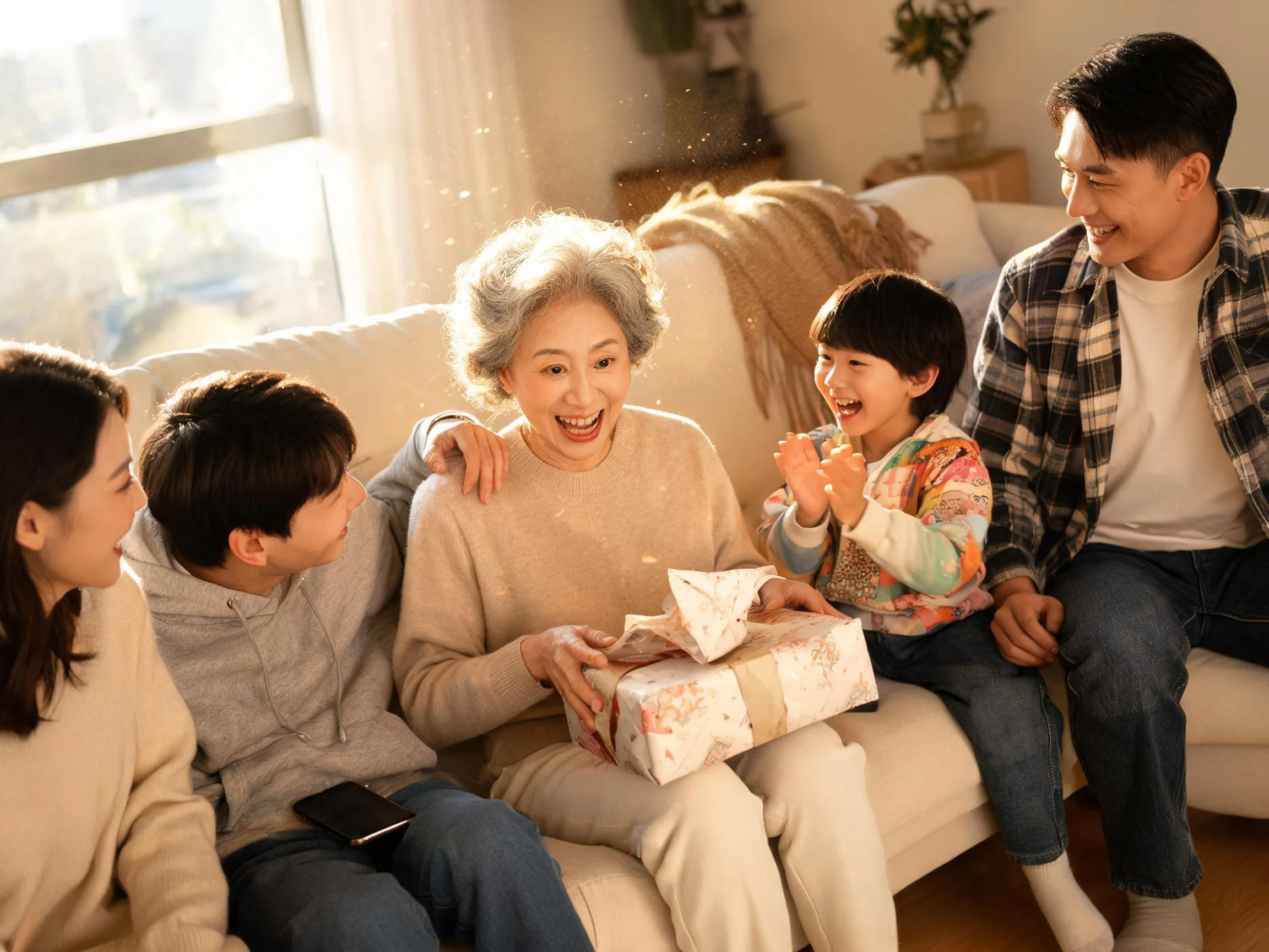 Family surrounds grandmother mid-laugh as she unwraps a surprise gift together at home.