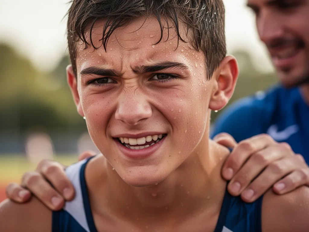 Young athlete's determined expression with teammate support after intense sports competition outdoors