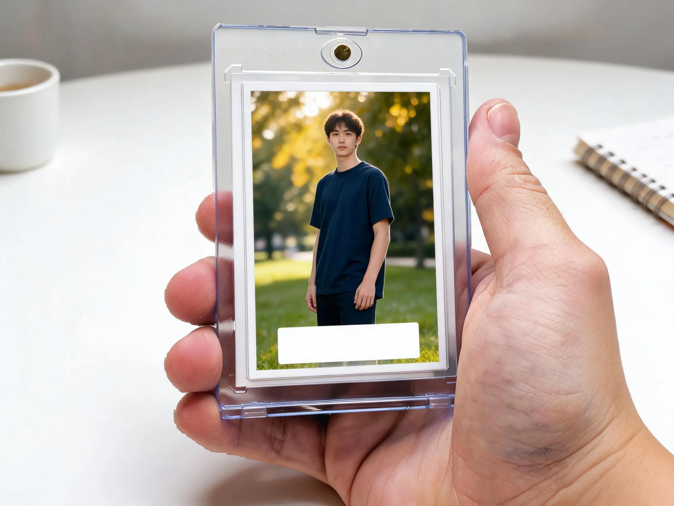 Custom keepsake trading card in a clear magnetic case showing a sunlit outdoor portrait.