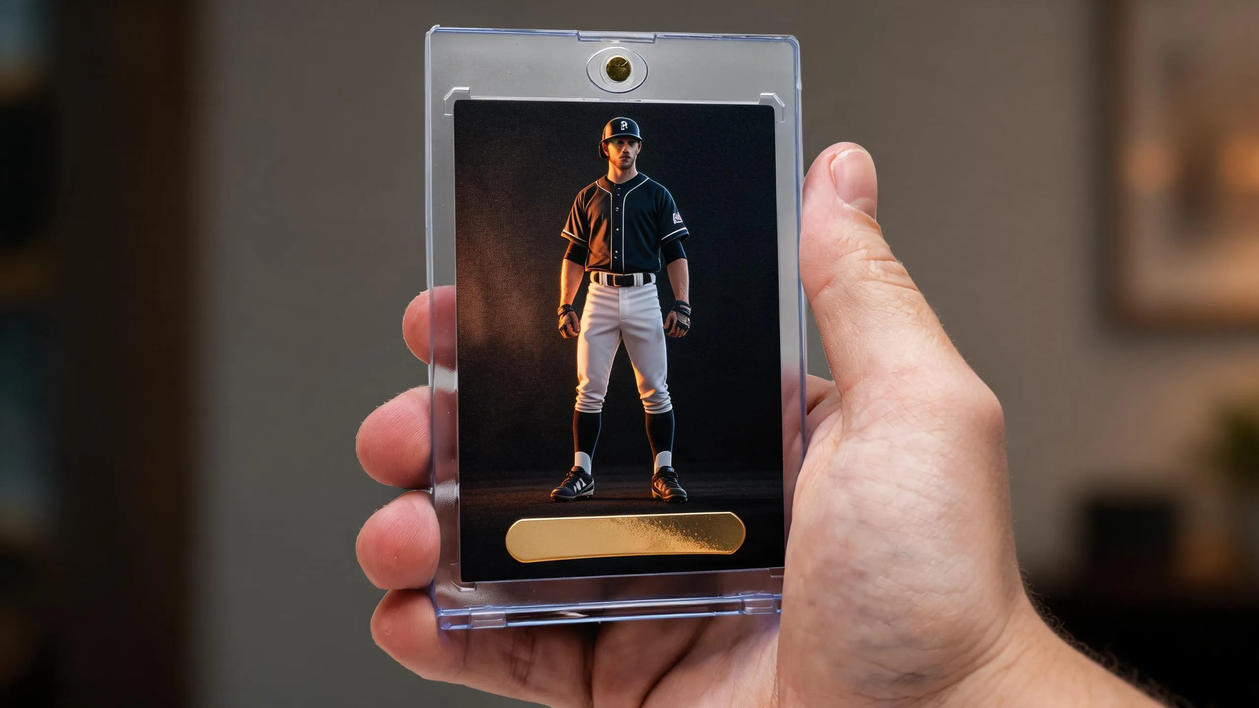 Hand holding magnetic case with personalized playing cards bulk sample, warm golden-hour lighting