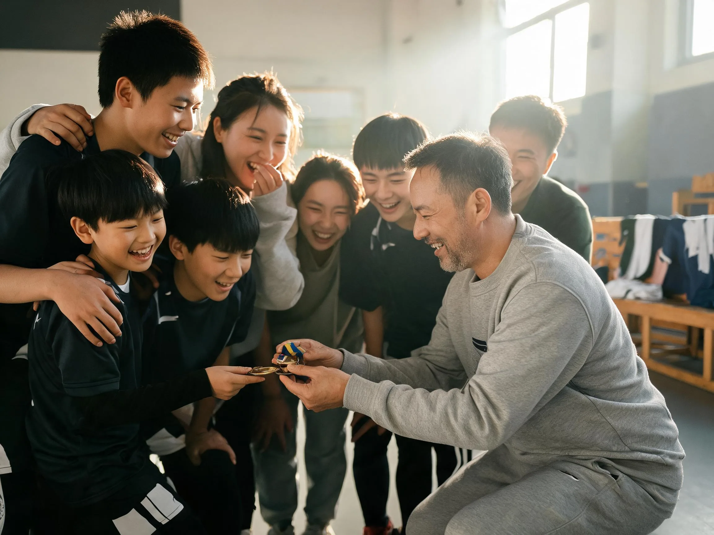 Coach and diverse youth team sharing a joyful huddle moment on group photo day