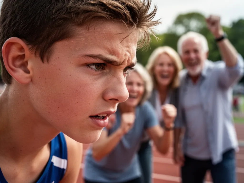 Young athlete's determined expression during competition with proud parents celebrating in the background