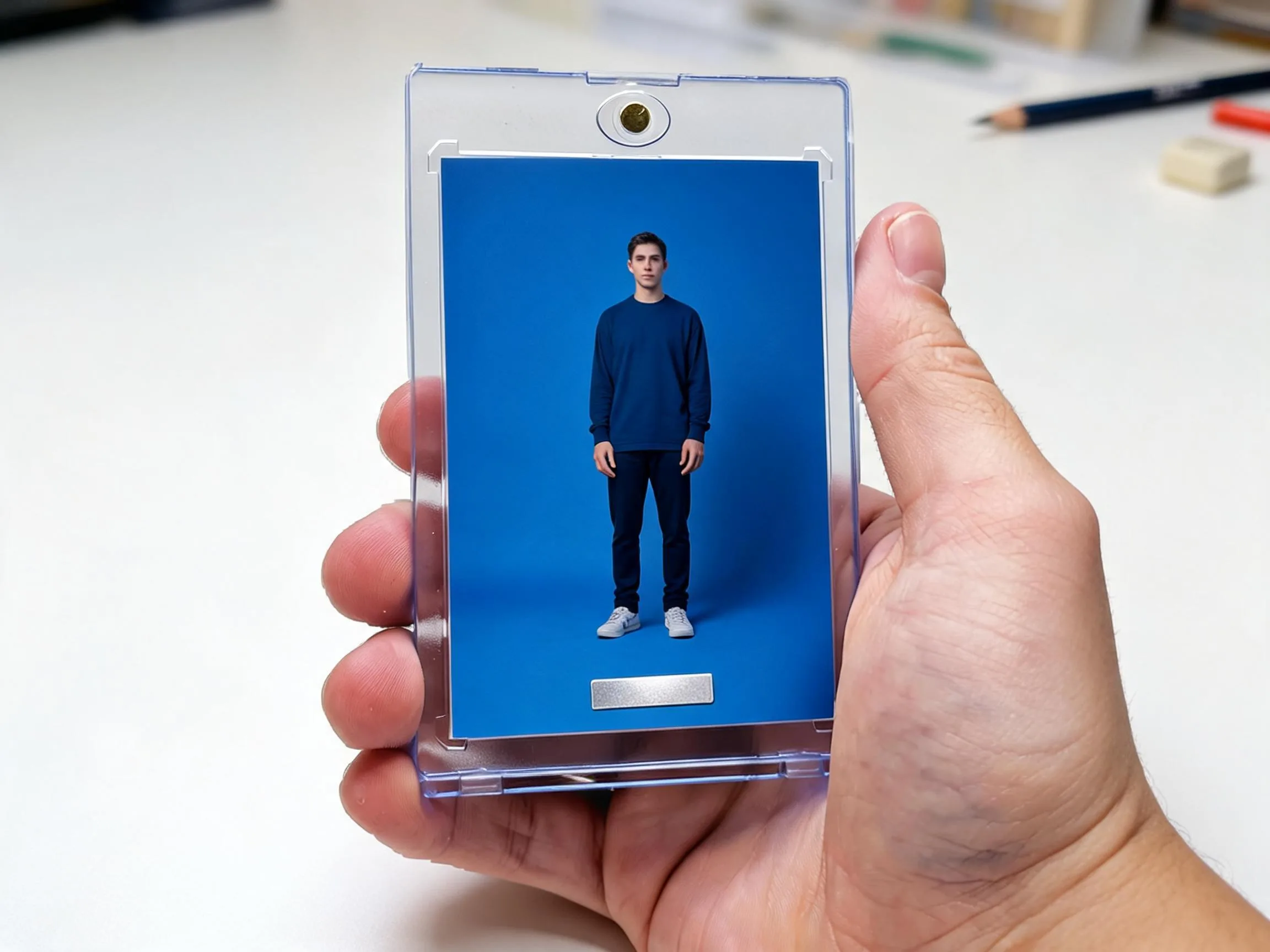 Custom keepsake trading card in magnetic case, cobalt editorial design, held in hand
