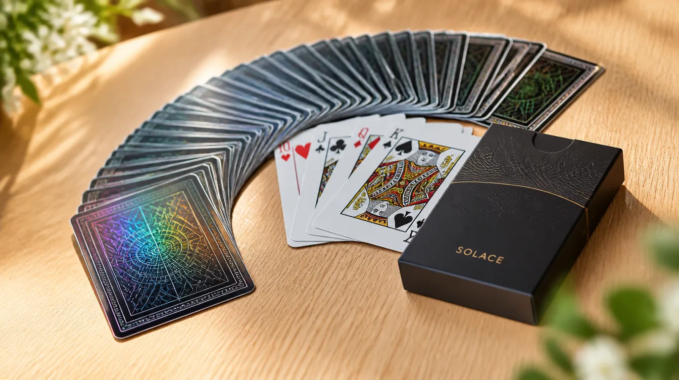 Personalized playing cards fanned out beside their custom tuck box