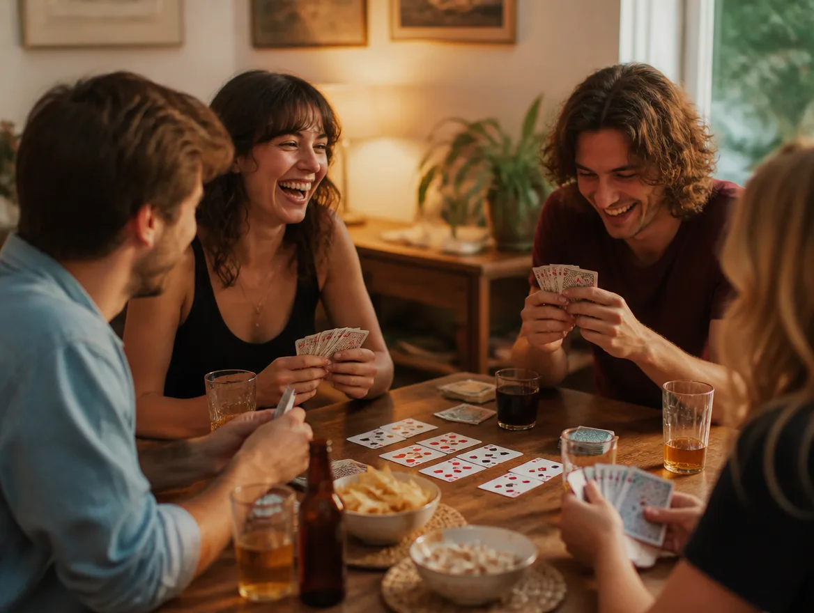 Friends enjoying a card game with a custom deck