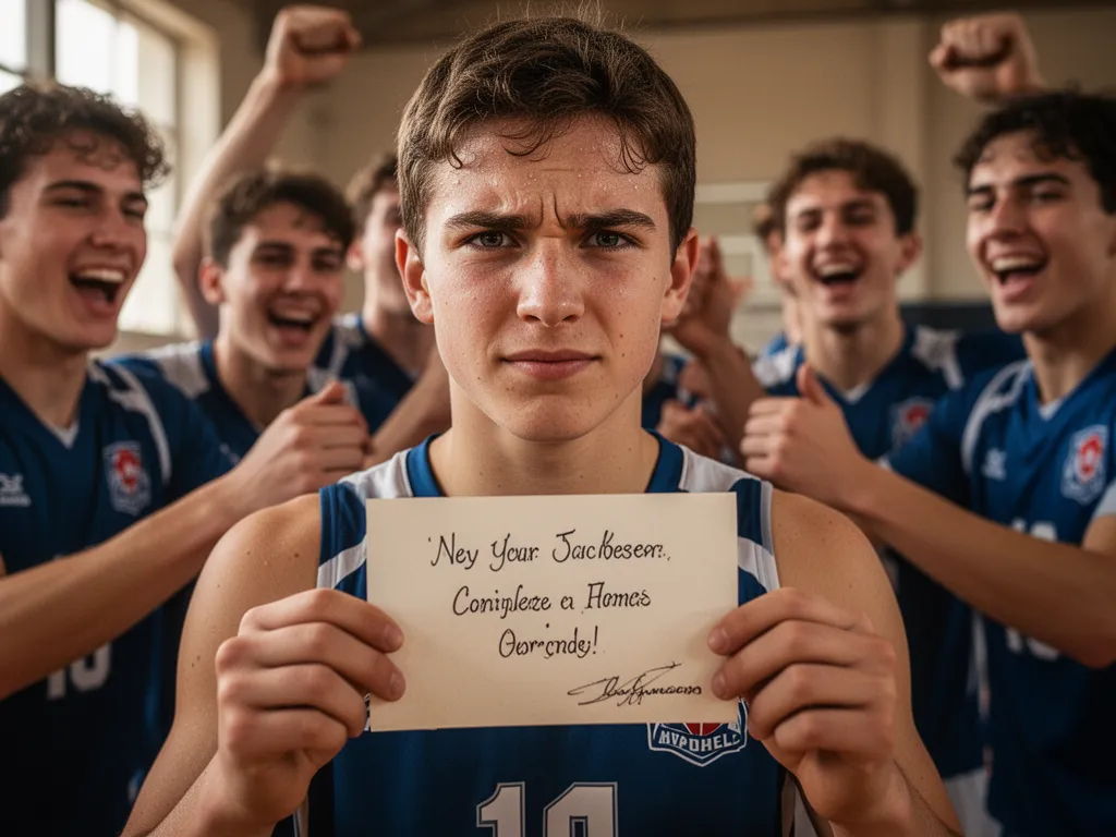 [Young athlete displaying pride holding a card surrounded by celebrating teammates in warm light]