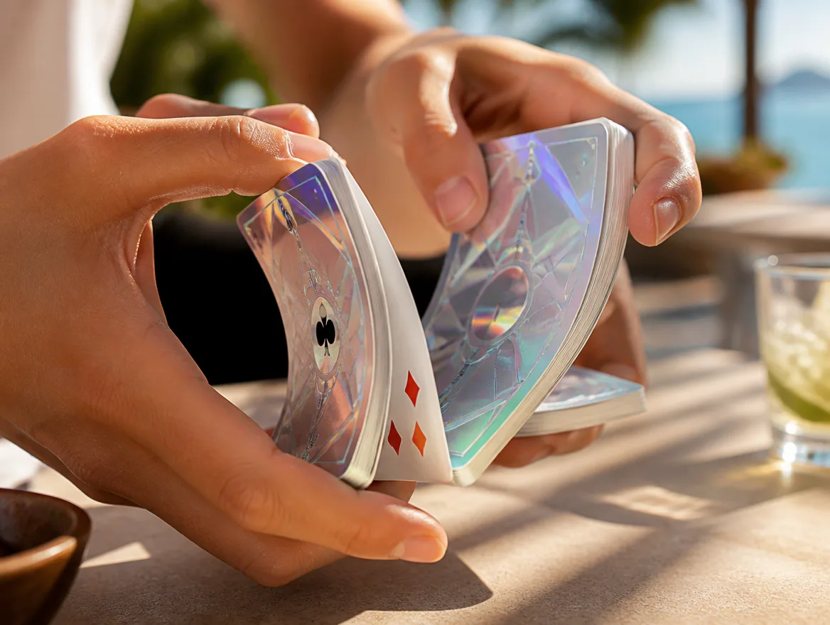 Custom personalized playing cards being shuffled in hand