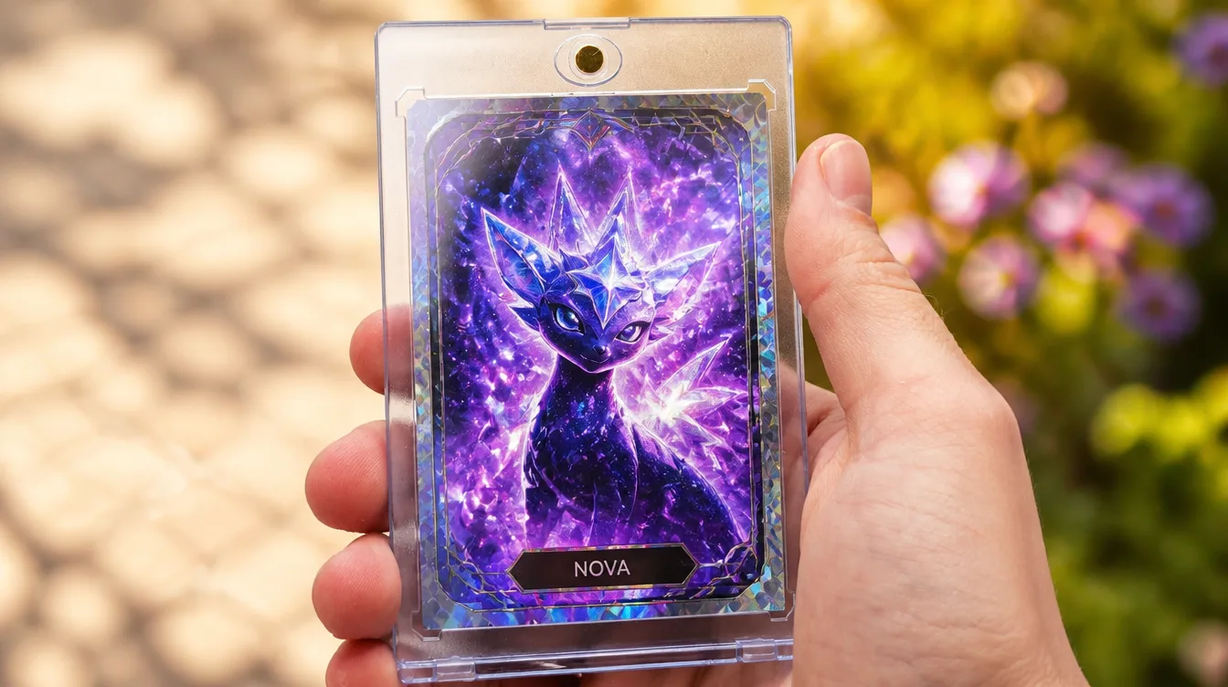 Personalized Pokemon-style creature card in a one-touch magnetic display case