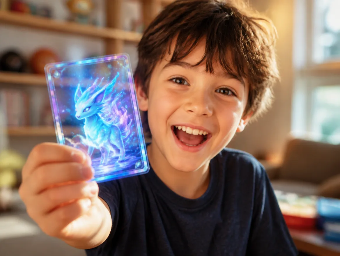 Excited kid holding a glowing custom creature trading card