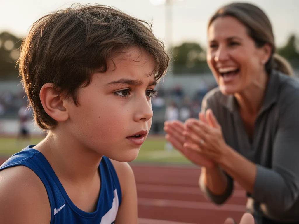 [Child athlete concentrating with supportive parent cheering in background during outdoor game]