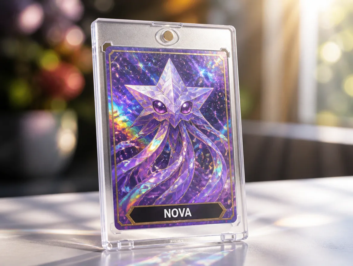 Custom creature trading card standing in a clear magnetic display case
