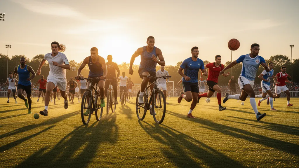 Multiple athletes in various sports competing outdoors during golden hour with dynamic motion and natural lighting