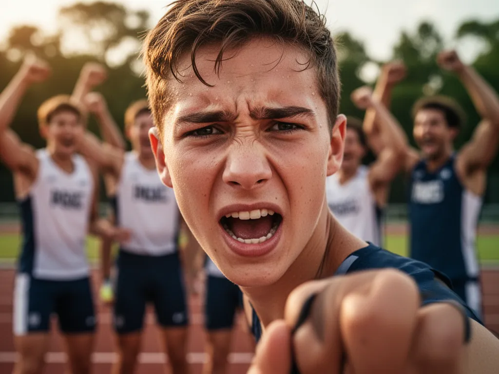 Young athlete's determined expression during competition with celebrating team members visible in soft-focused background