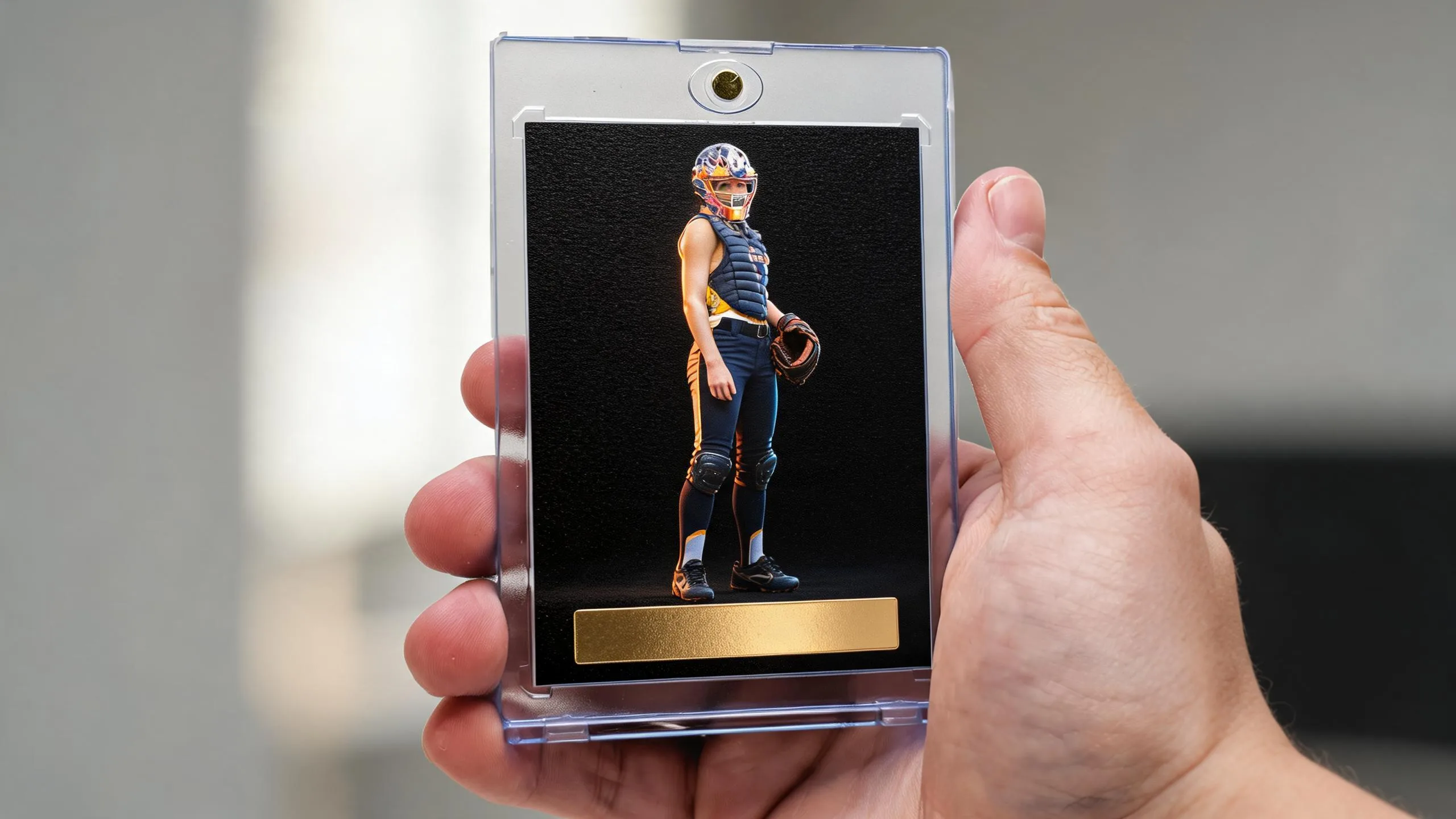 Hand holding personalized sports cards for kids in a clear magnetic case, dark premium design.