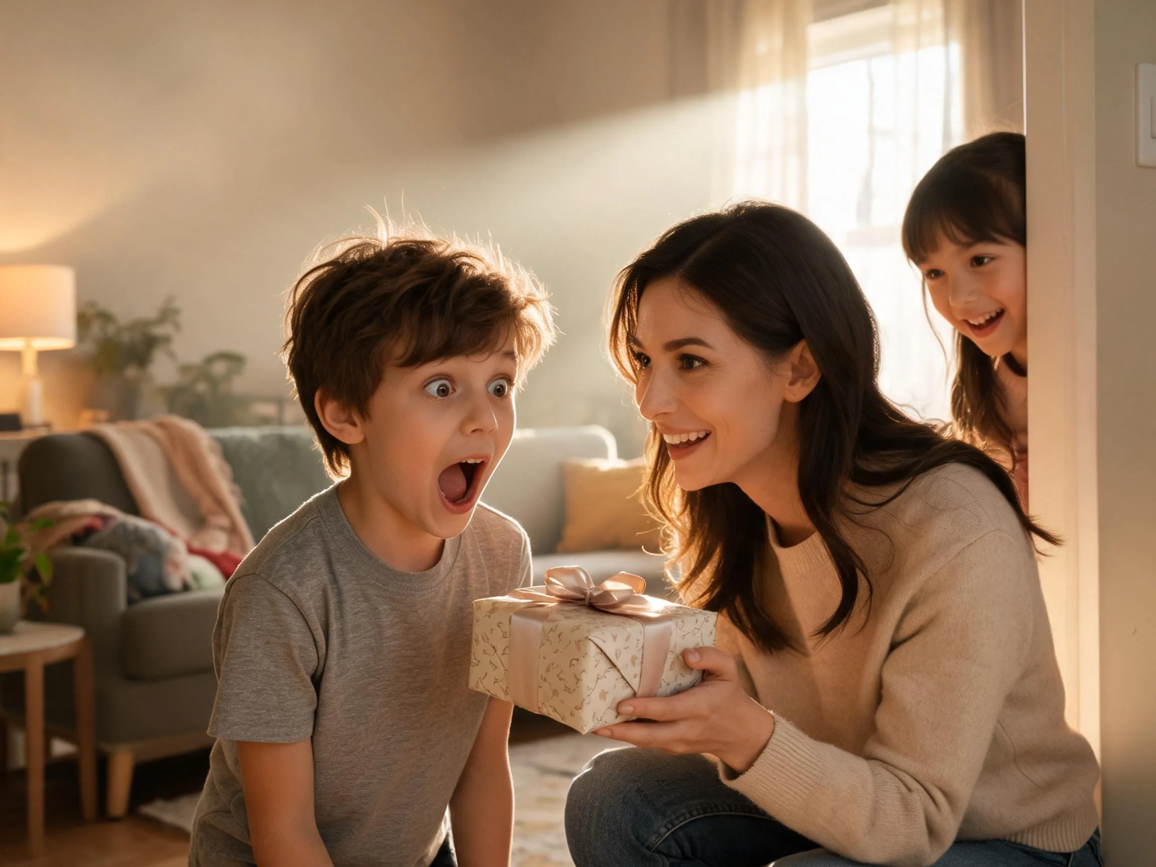 Young boy reacts with joyful surprise while receiving an unexpected gift from his mother.