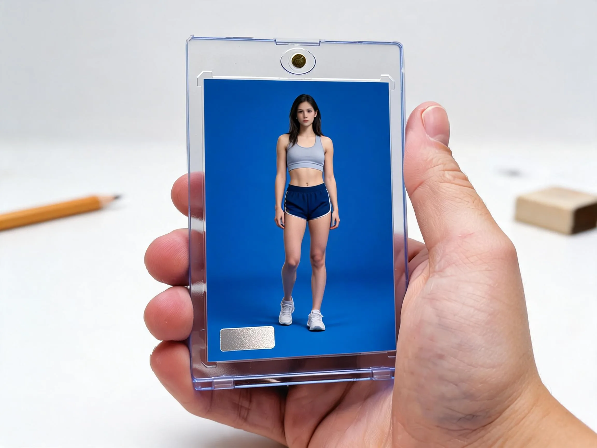 Custom keepsake trading card in a magnetic case, bold blue editorial design, held in hand.