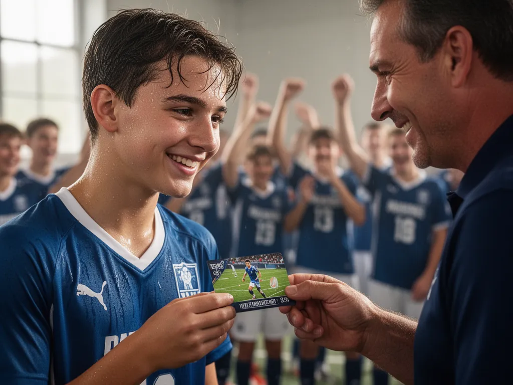 Young athlete smiling while holding personalized sports card presented by coach in emotional moment
