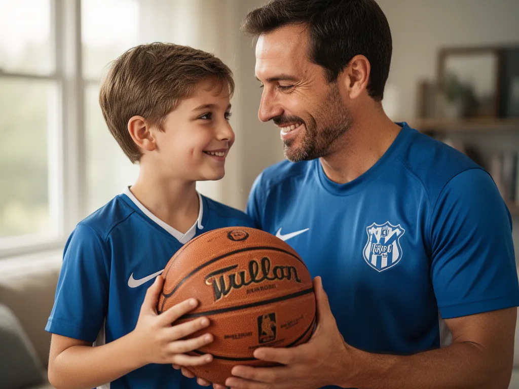 Father and son smiling together while holding personalized sports equipment in warm home lighting