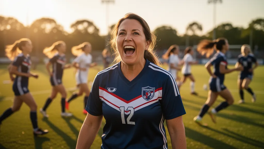 Mother cheering passionately at sideline during outdoor soccer game with athletes in motion