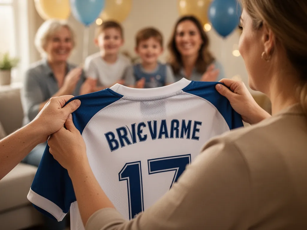 Mother's hands holding personalized sports jersey with child's name in warm family moment