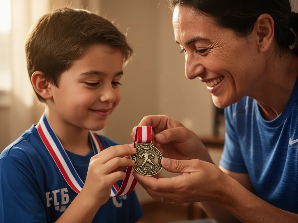 Parent gifting personalized sports memento to smiling young athlete with emotional pride