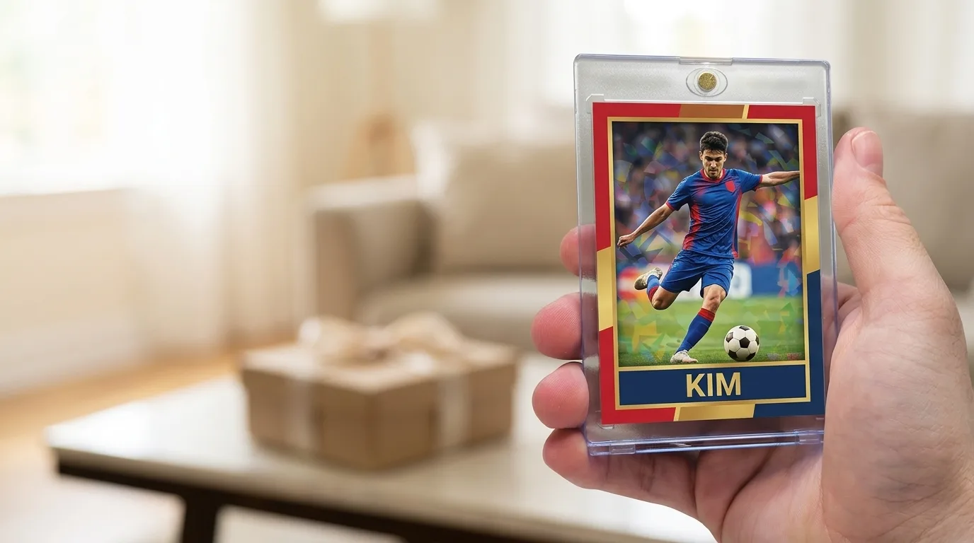 personalized sports photo gifts: a custom printed trading card in a magnetic case, held in hand