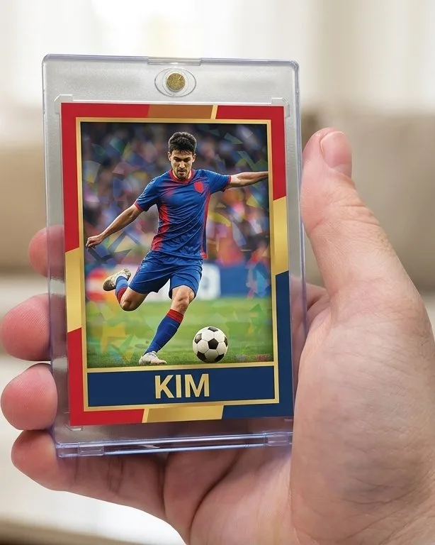 Close-up of a custom trading card in a magnetic case for personalized sports photo gifts