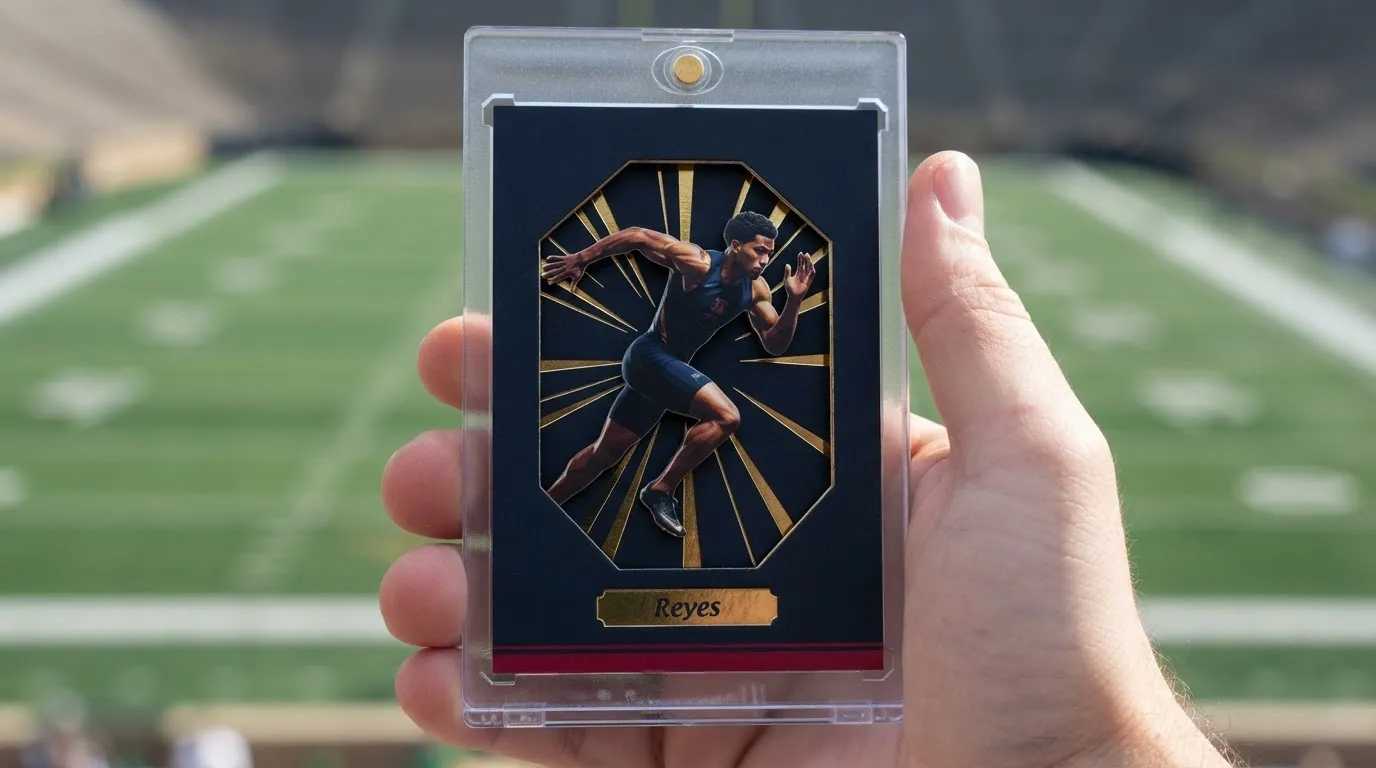 Hand holding magnetic case with personalized sports trading card, gold foil burst design, athletic field background.