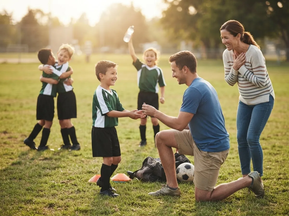 Coach and young athlete share a proud, emotional moment on a sunlit sports field.