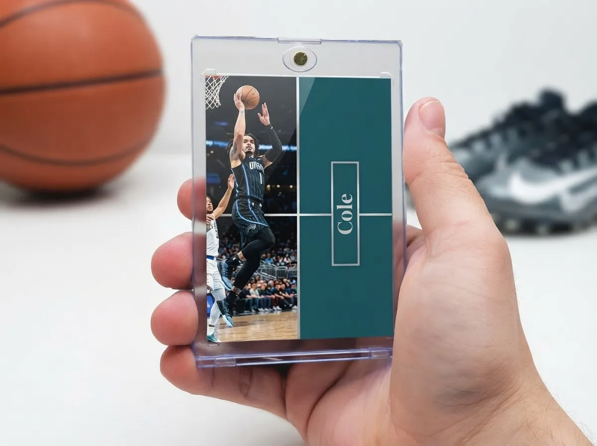 Custom sports trading card in magnetic case, split-panel design with teal foil nameplate.